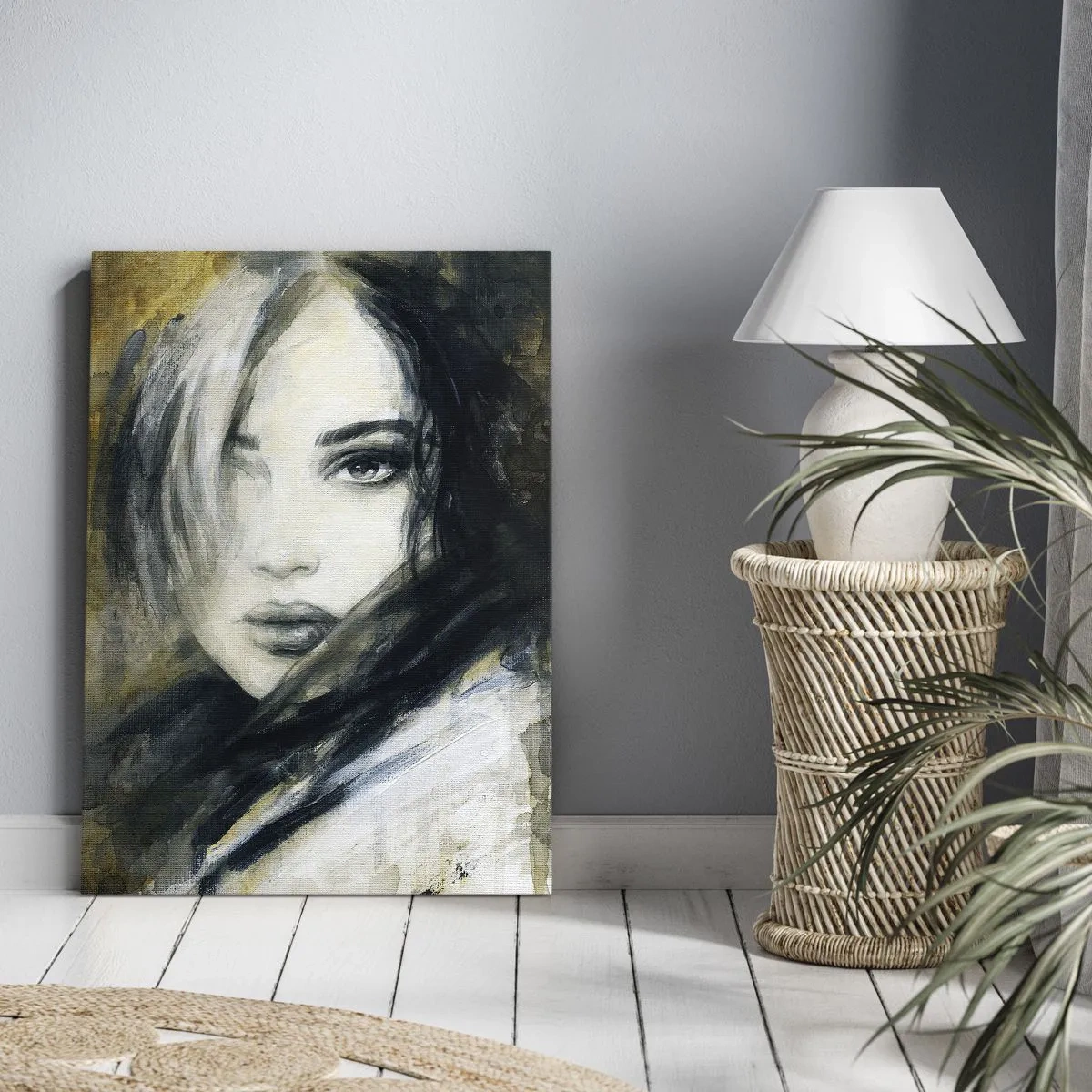 Impression sur toile - Image sur toile - Portrait d'une femme sur fond de taches abstraites dans les tons beiges - 50x70cm - plutôt innocente ou sensuelle ? - Décoration murale moderne pour le salon et la chambre ARTTOR