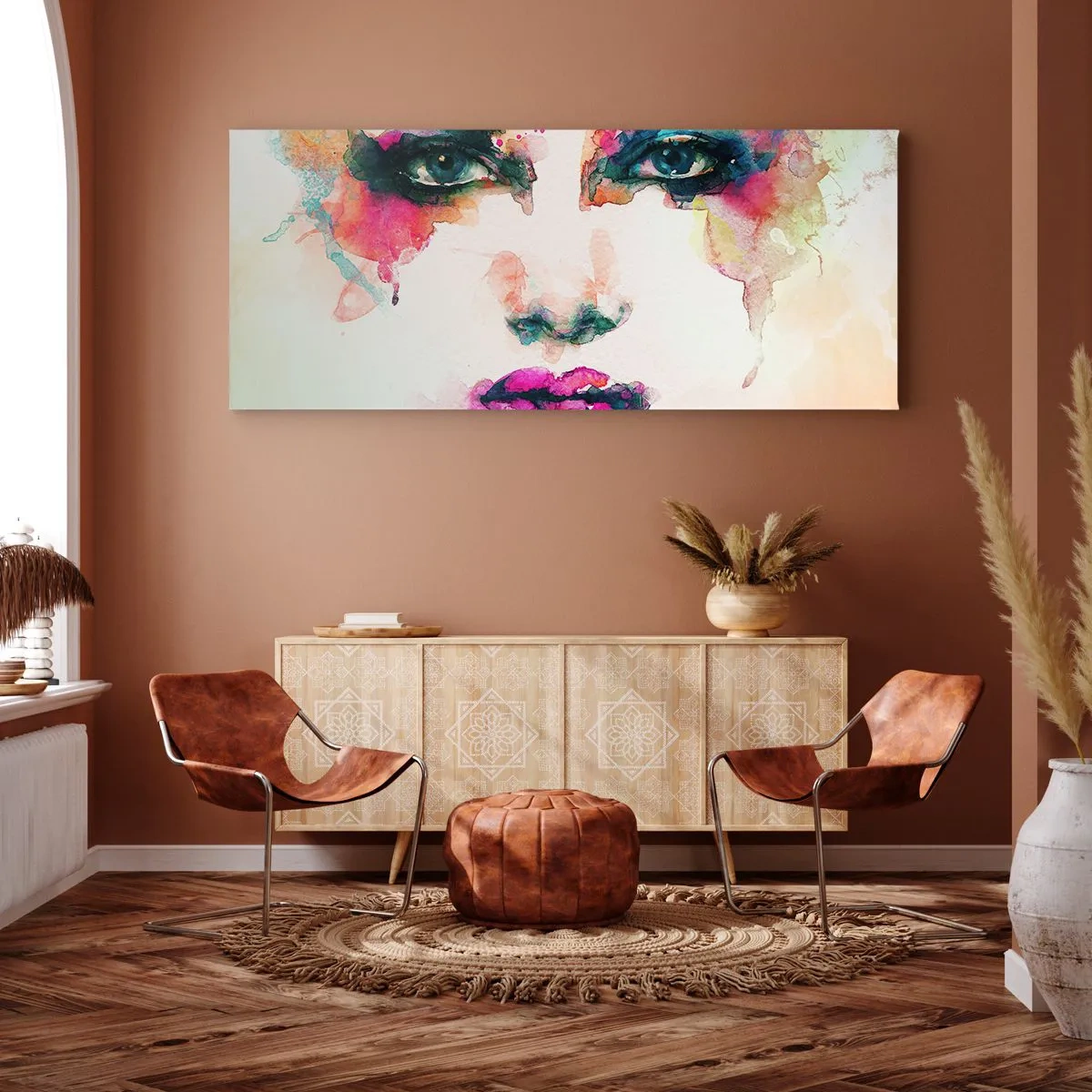 Impression sur toile - Image sur toile - Portrait abstrait d'une femme aux couleurs intenses - 120x50cm - Un portrait peint avec un arc-en-ciel - Décoration murale moderne pour le salon et la chambre ARTTOR