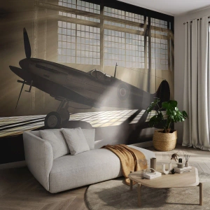 Papier peint sur mesure Premium Sand - Le repos du guerrier - Avion, Hangar d'aviation, Avion