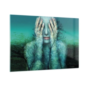 Impression sur verre - Image sur verre - Un visage de femme avec un motif d'arbre dans un décor surréaliste - 100x70cm - immergé dans l'azur - Décoration murale moderne pour le salon et la chambre ARTTOR