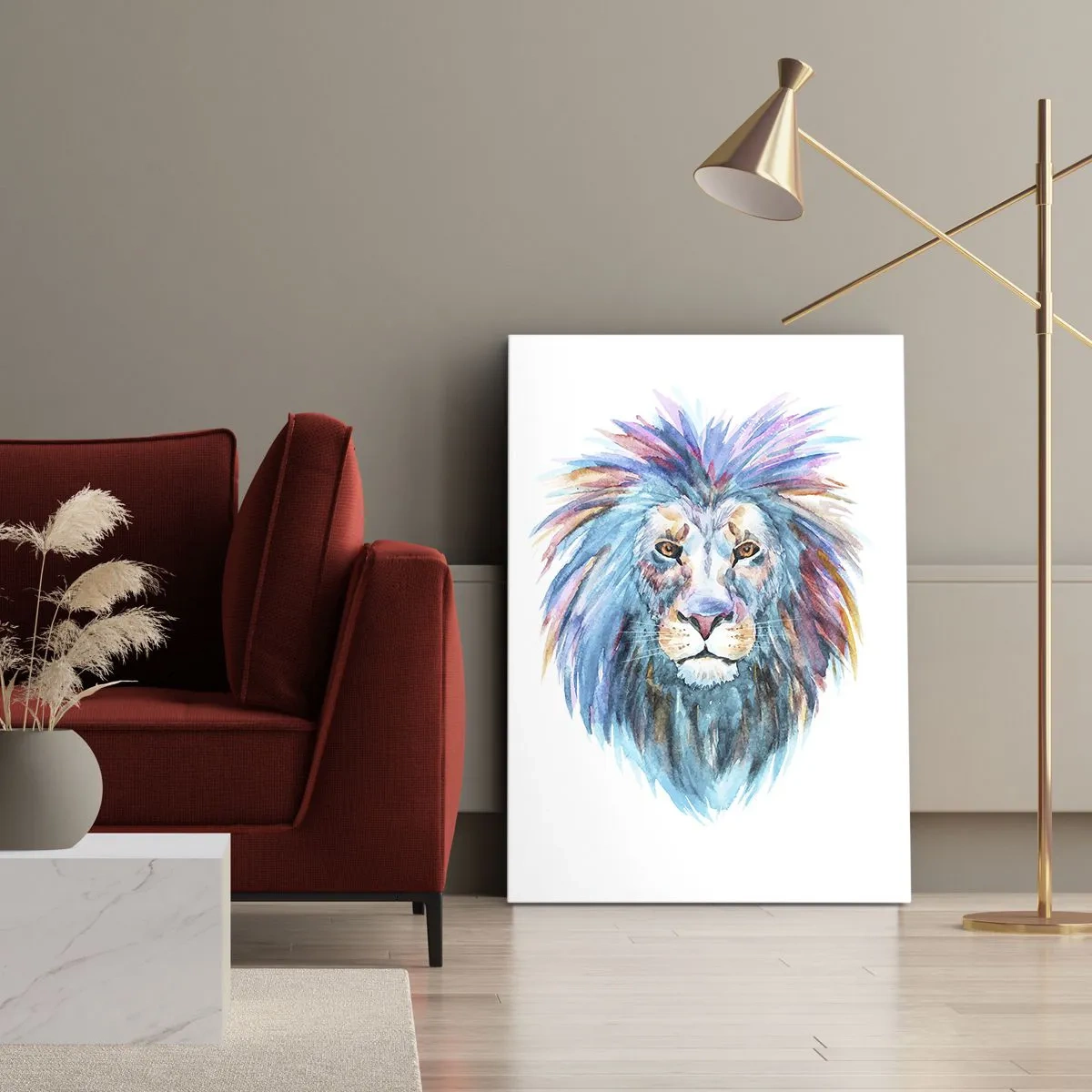 Impression sur toile - Image sur toile - Portrait à l'aquarelle d'un lion aux couleurs vives - 50x70cm - Aura électrique - Décoration murale moderne pour le salon et la chambre ARTTOR