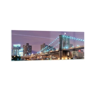 Impression sur verre - Image sur verre - Le pont de Brooklyn la nuit avec la ville illuminée en arrière-plan - 140x50cm - Depuis de nombreuses années le pont de Brooklyn - Décoration murale moderne pour le salon et la chambre ARTTOR