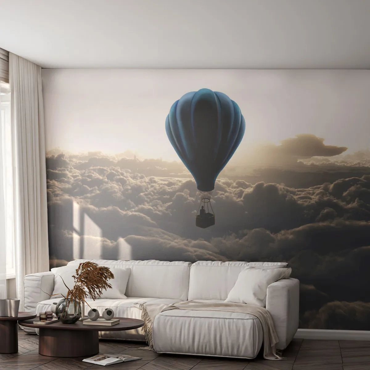 Papier Peint Photo Premium Sand - Un vagabond au dessus des nuages - Paysage, Vol en montgolfière, Voyages - 100x70 cm
