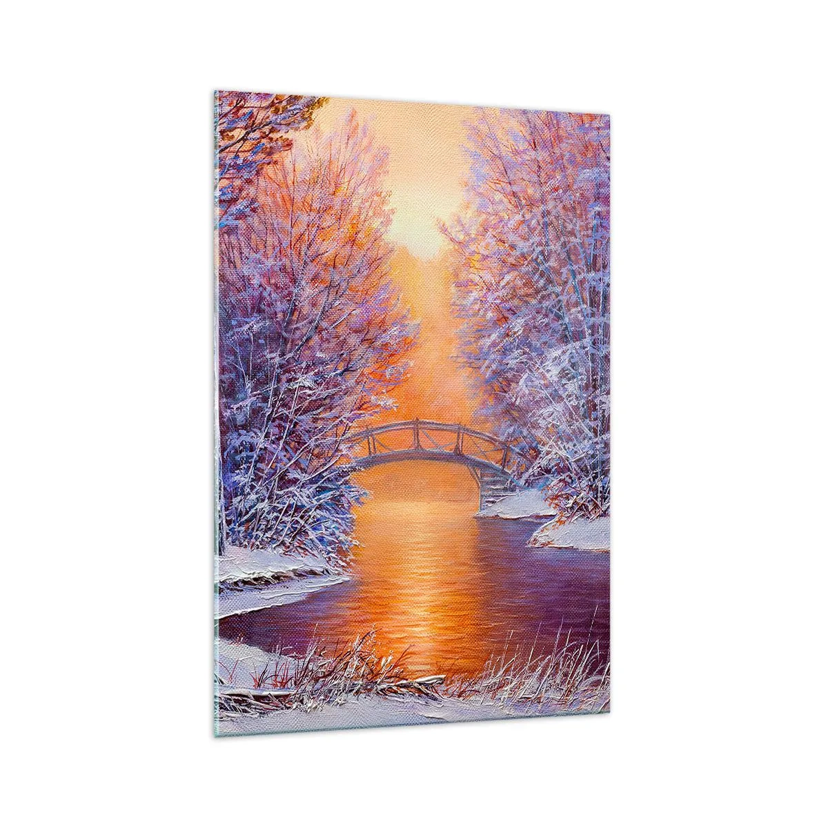 Impression sur verre - Image sur verre - Paysage d'hiver avec un pont et un coucher de soleil - 70x100cm - On se rencontre ici - Décoration murale moderne pour le salon et la chambre ARTTOR