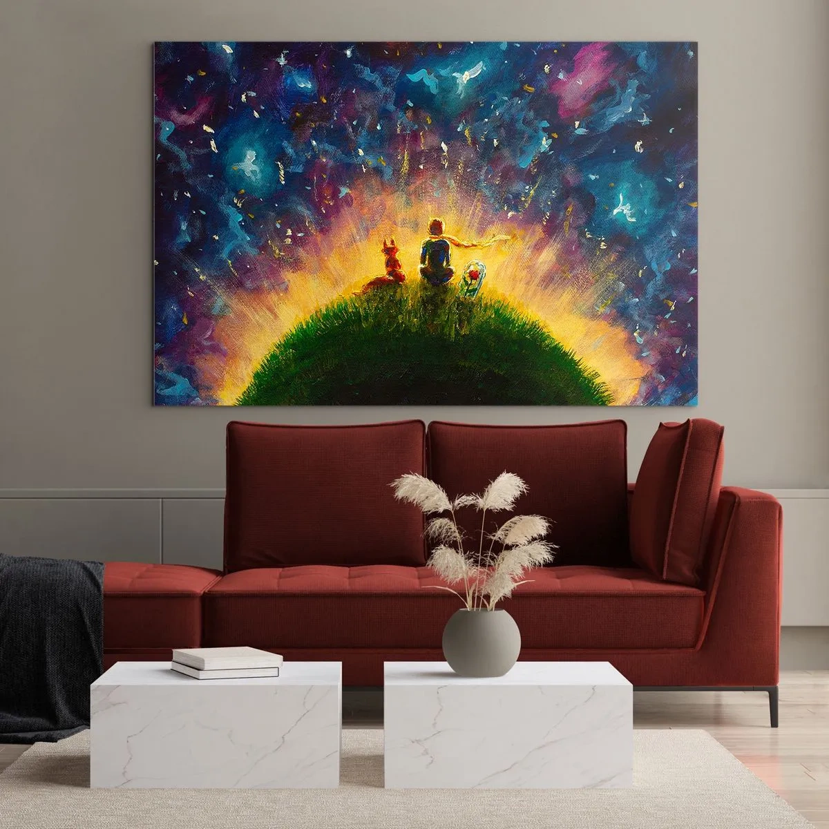 Impression sur verre - Image sur verre - Une figure avec un renard sur une planète sous un ciel étoilé - 70x50cm - Amour et amitié - le monde entier - Décoration murale moderne pour le salon et la chambre ARTTOR