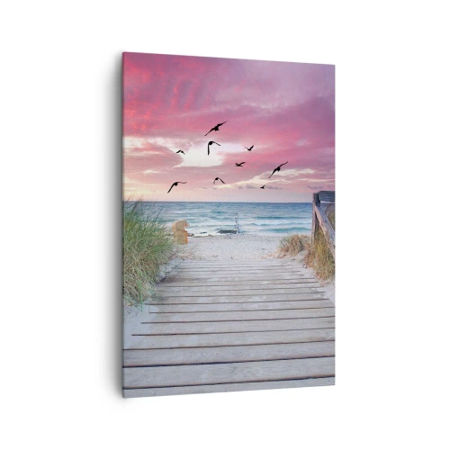 Impression sur toile - Image sur toile - Chemin en bois sur la plage au coucher du soleil rose - 70x100cm - Impression de la Baltique - Décoration murale moderne pour le salon et la chambre ARTTOR