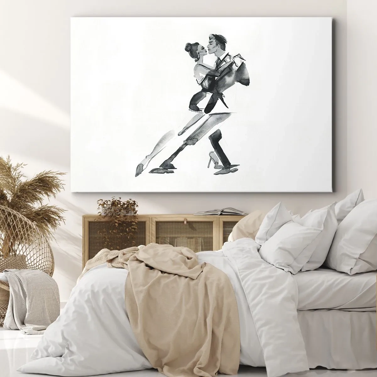 Impression sur toile - Image sur toile - Une illustration subtile d'un couple dansant dans un style monochrome. - 70x50cm - En un battement - Décoration murale moderne pour le salon et la chambre ARTTOR