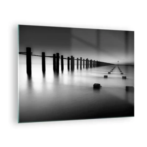Impression sur verre - Image sur verre - Une jetée minimaliste en noir et blanc sur une eau calme - 70x50cm - Distance grise dans le brouillard - Décoration murale moderne pour le salon et la chambre ARTTOR