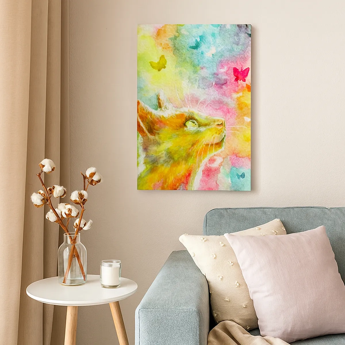 Impression sur toile - Image sur toile - Un chat entouré de papillons colorés - 50x70cm - Bayou-bayou au paradis des chats - Décoration murale moderne pour le salon et la chambre ARTTOR