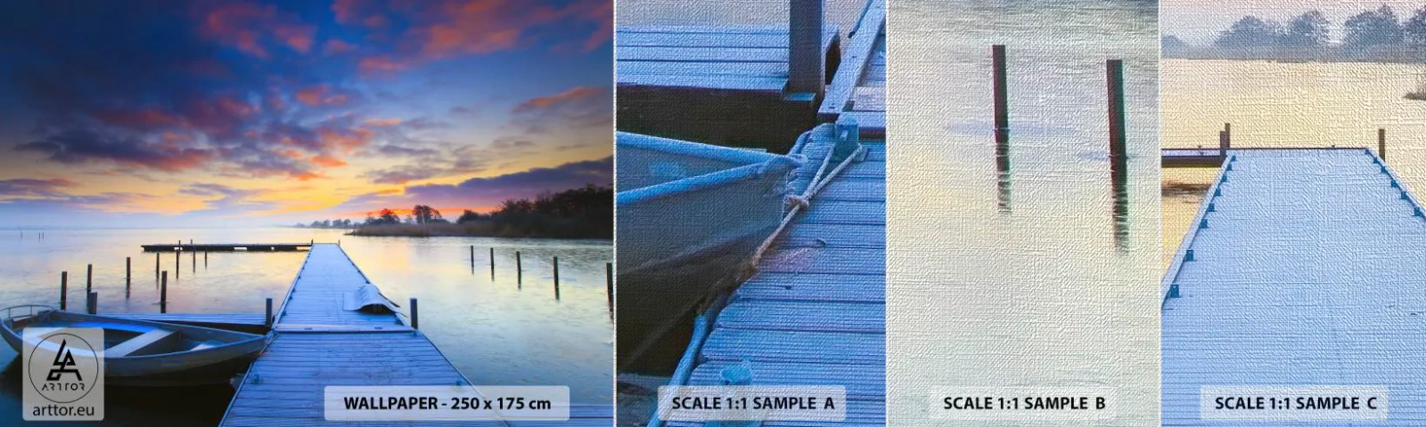 Échantillon de Papier Peint Premium Canvas - Calme violet-doré - Paysage, Lac, Bateau - 100x30 cm