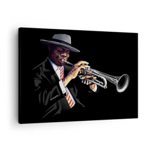 Impression sur toile - Image sur toile - Un musicien jouant de la trompette sur un fond noir - 70x50cm - Le charme de la vieille école - Décoration murale moderne pour le salon et la chambre ARTTOR