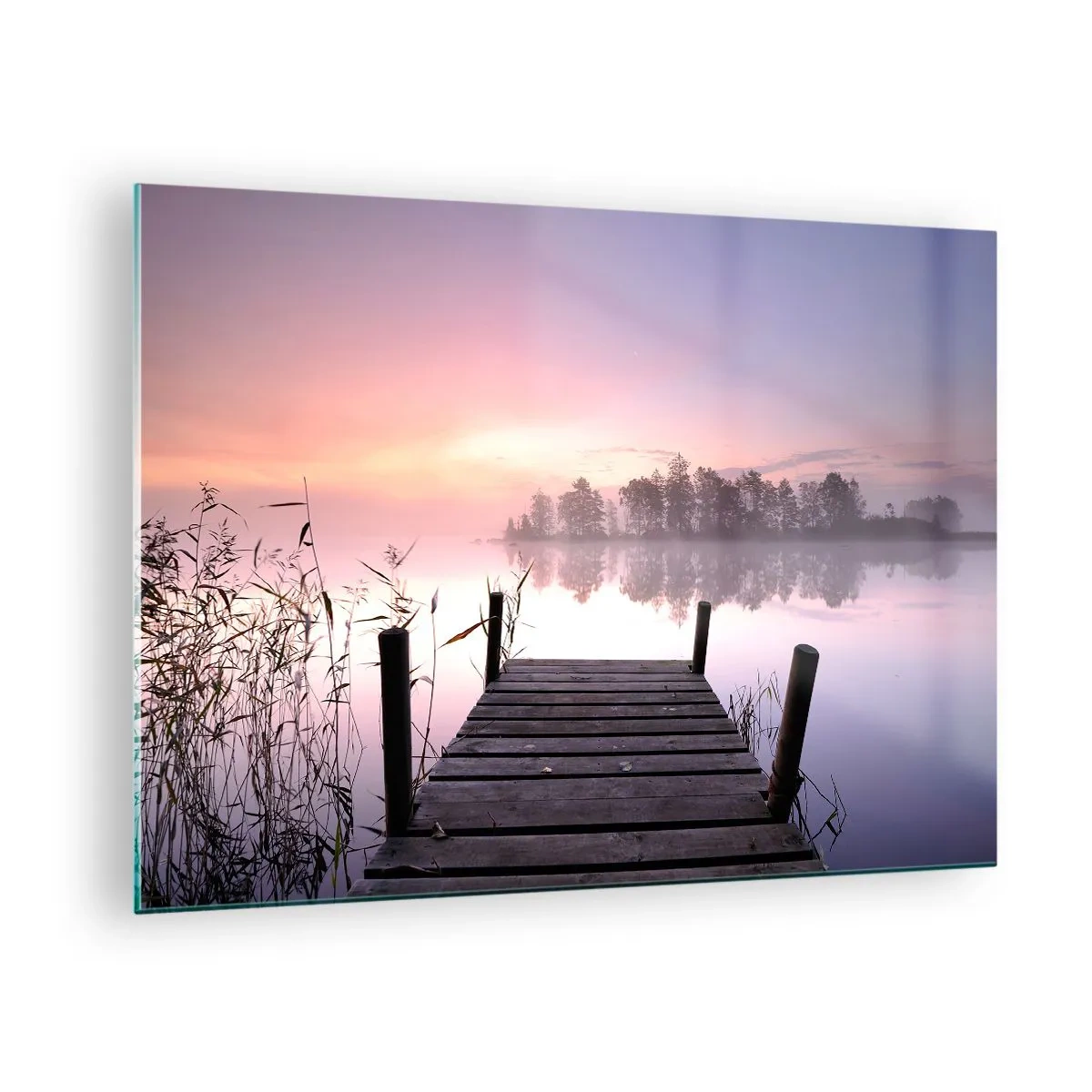 Impression sur verre - Image sur verre - Une jetée au lever du soleil sur un lac calme - 70x50cm - De la brume lilas… - Décoration murale moderne pour le salon et la chambre ARTTOR