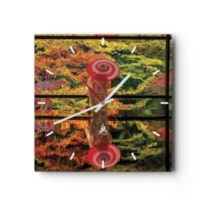 Horloge murale - Pendule murale - Une femme en kimono avec un parapluie sur fond de paysage d'automne. - 30x30cm - Dans le temple de la nature - Décoration murale moderne pour le salon et la chambre ARTTOR