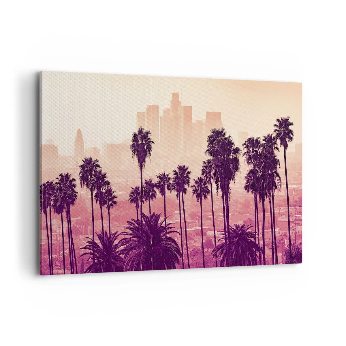 Impression sur toile - Image sur toile - Palmiers sur fond de paysage urbain aux couleurs chaudes - 120x80cm - Paysage californien - Décoration murale moderne pour le salon et la chambre ARTTOR