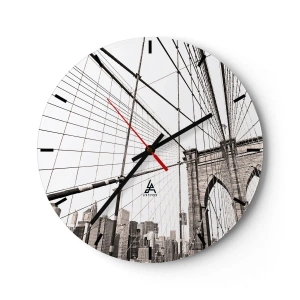 Horloge murale - Pendule murale - Une photo d'un pont de corde avec l'horizon de la ville en arrière-plan dans des tons de gris. - 30x30cm - Cathédrale New Yorkaise - Décoration murale moderne pour le salon, la cuisine et la chambre ARTTOR