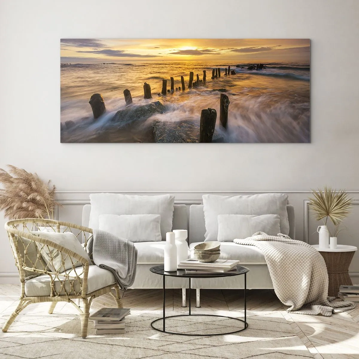 Impression sur verre - Image sur verre - Coucher de soleil sur la mer avec les vestiges d'une ancienne jetée - 140x50cm - La beauté brute de la mer Baltique - Décoration murale moderne pour le salon et la chambre ARTTOR
