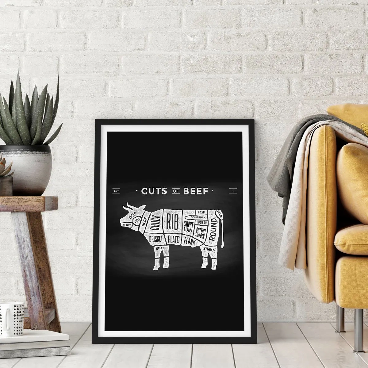 Affiche dans un cadre noir - Poster - Diagramme de coupes de bœuf sur fond noir dans un style rétro - 50x70cm - L'art de la découpe - Décoration murale moderne pour le salon et la chambre ARTTOR