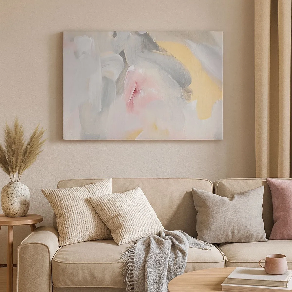 Impression sur toile - Image sur toile - Coups de pastel abstraits dans des tons de rose et de gris. - 70x50cm - Dans un monde pastel - Décoration murale moderne pour le salon et la chambre ARTTOR
