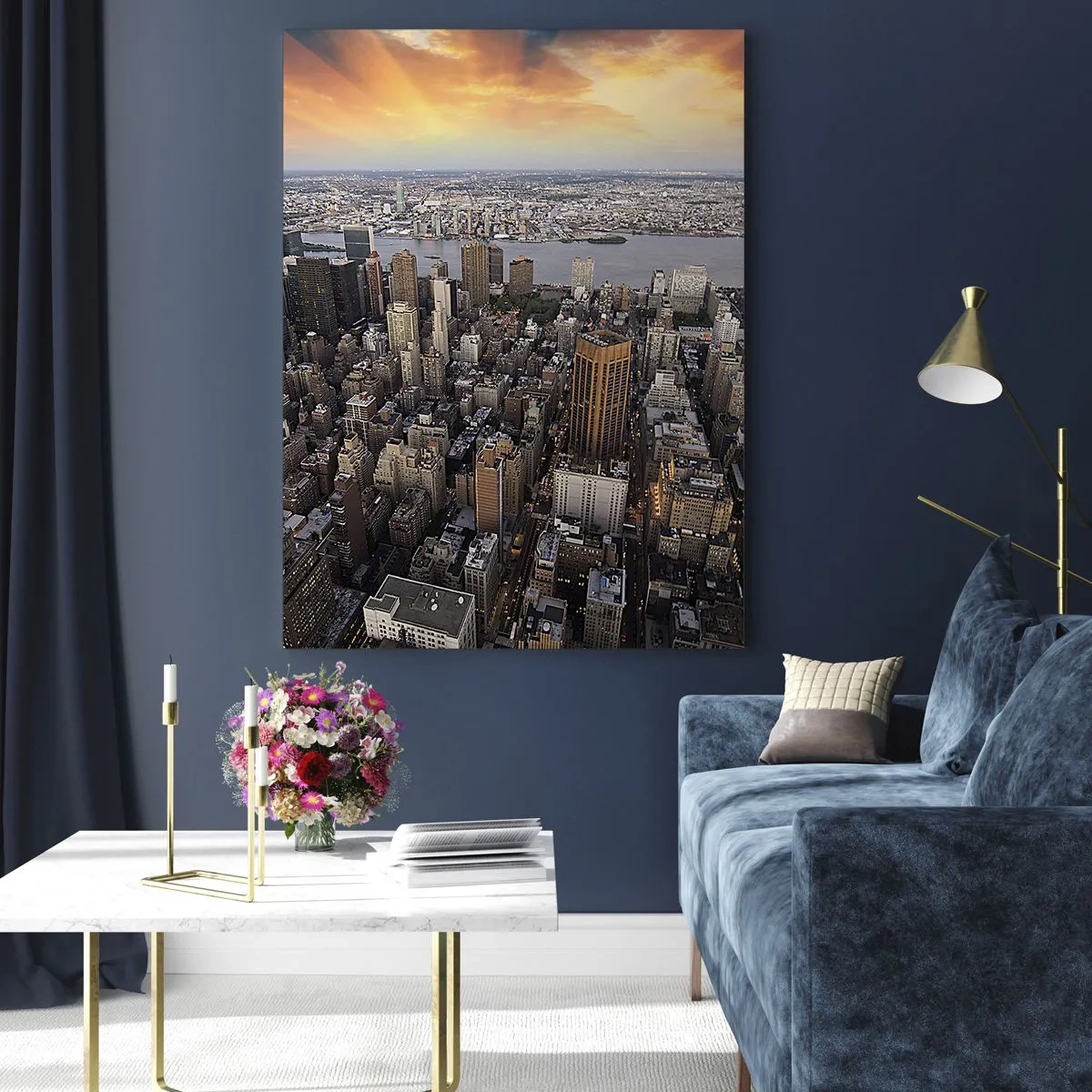 Impression sur verre - Image sur verre - Panorama de la ville avec vue sur les gratte-ciels au coucher du soleil - 50x70cm - Le cœur battant de notre époque - Décoration murale moderne pour le salon et la chambre ARTTOR