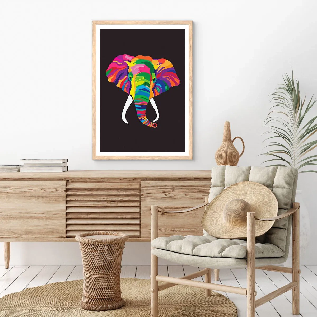 Affiche dans un chêne clair - Poster - L'éléphant qui aimait se baigner dans un arc-en-ciel - 70x100 cm