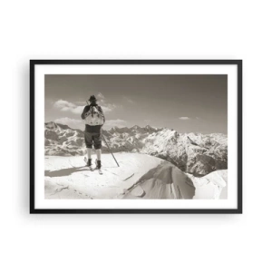 Affiche dans un cadre noir - Poster - Un skieur au sommet d'une montagne en noir et blanc - 70x50cm - Toutes les mêmes ces montagnes - Décoration murale moderne pour le salon et la chambre ARTTOR