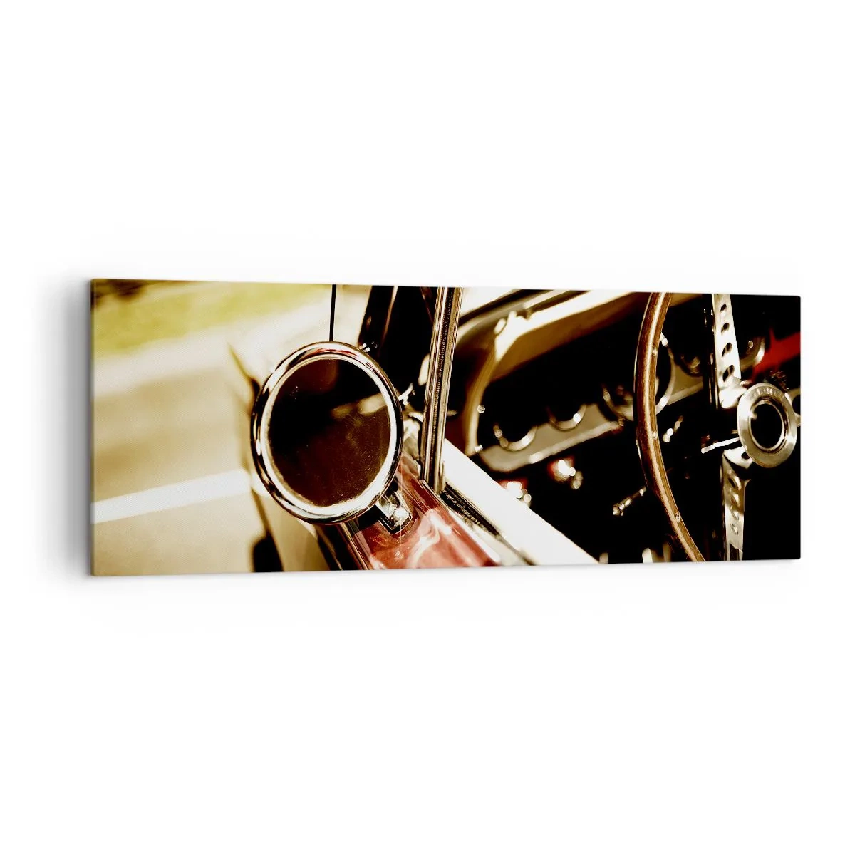 Impression sur toile - Image sur toile - Gros plan du miroir et de l'intérieur d'une voiture rétro classique - 140x50cm - Auto avec une âme - Décoration murale moderne pour le salon et la chambre ARTTOR