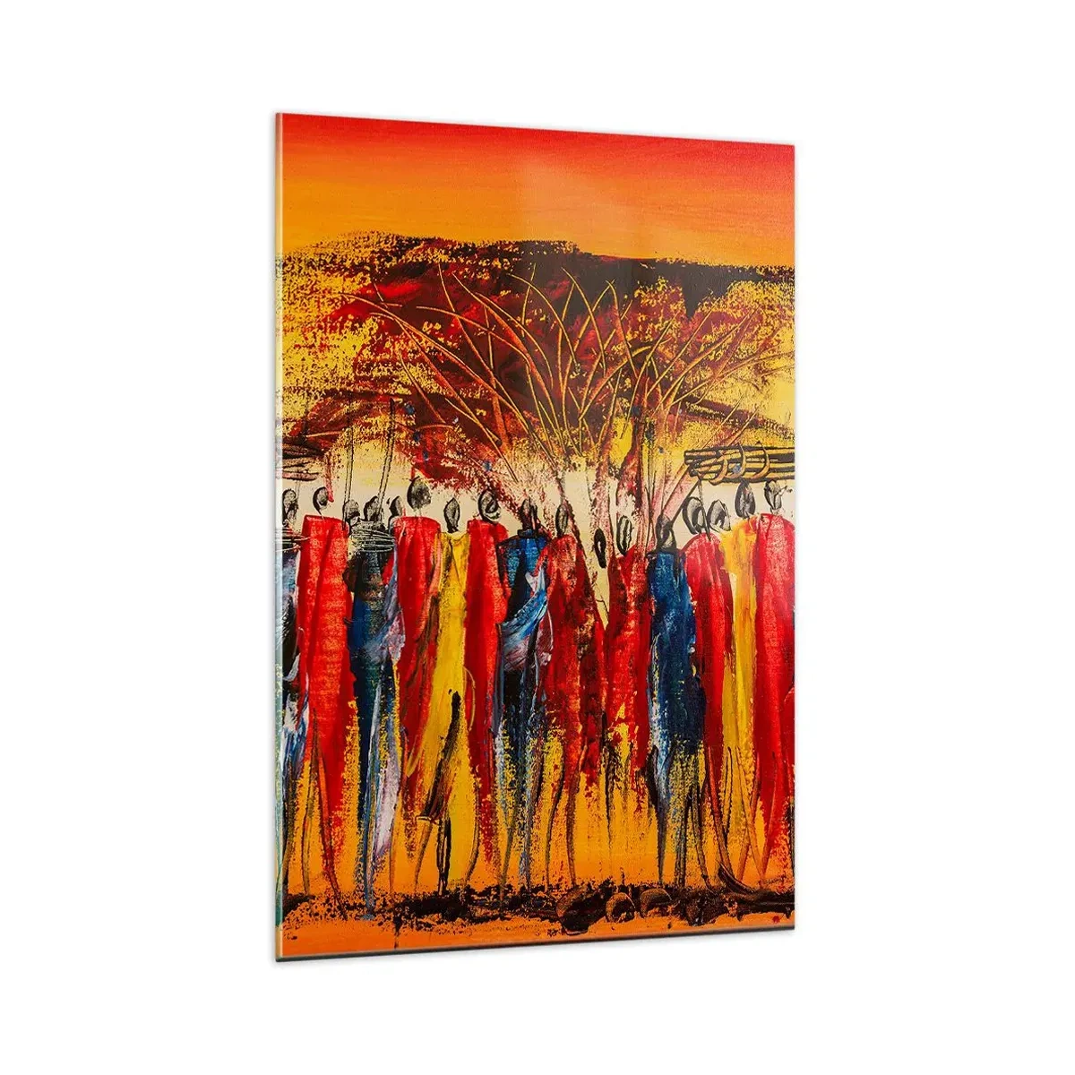 Impression sur verre - Image sur verre - Une scène colorée avec des personnages africains sur fond de soleil couchant. - 80x120cm - Là-bas, là-bas, ils vont là-bas - Décoration murale moderne pour le salon et la chambre ARTTOR