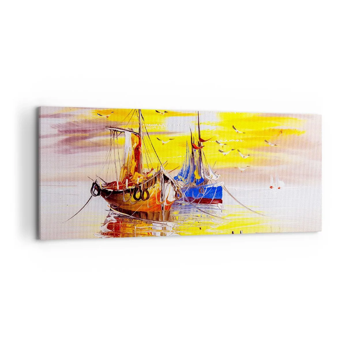 Impression sur toile - Image sur toile - Une scène picturale de bateaux sur une mer calme - 120x50cm - Un repos bien mérité au port - Décoration murale moderne pour le salon et la chambre ARTTOR