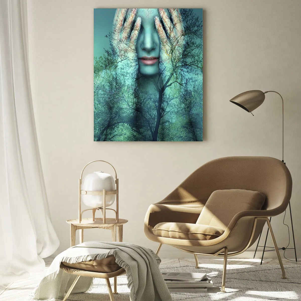 Impression sur verre - Image sur verre - Une figure de femme avec un motif d'arbre sur un fond de paysage turquoise - 80x120cm - immergé dans l'azur - Décoration murale moderne pour le salon et la chambre ARTTOR