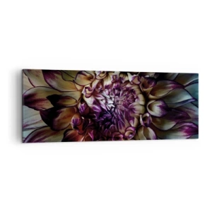 Impression sur toile - Image sur toile - Gros plan d'une fleur de dahlia dans des tons sombres - 140x50cm - L'apogée de la jeunesse - Décoration murale moderne pour le salon et la chambre ARTTOR