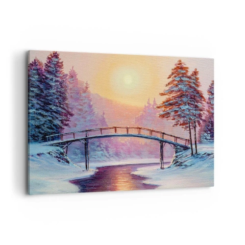 Impression sur toile - Image sur toile - Paysage d'hiver avec un pont illuminé par le coucher du soleil - 120x80cm - Quatre saisons - hiver - Décoration murale moderne pour le salon et la chambre ARTTOR
