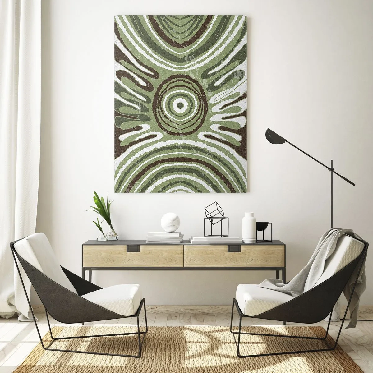 Impression sur verre - Image sur verre - Cercles concentriques verts et lignes abstraites - 50x70cm - Une explosion d'émotions - Décoration murale moderne pour le salon et la chambre ARTTOR