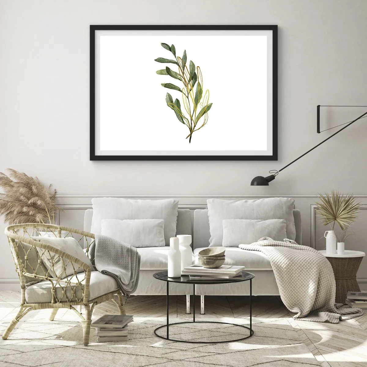 Affiche dans un cadre noir - Poster - Branche verte avec des feuilles sur fond blanc - 70x50cm - Tout ce qui est bon - Décoration murale moderne pour le salon et la chambre ARTTOR
