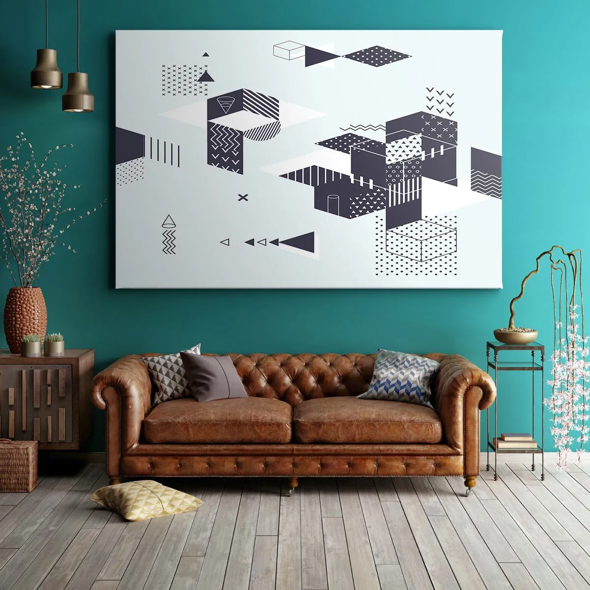 Impression sur toile - Image sur toile - Graphismes géométriques modernes dans des tons de blanc et de bleu marine - 70x50cm - Dans l'âme d'un mathématicien - Décoration murale moderne pour le salon et la chambre ARTTOR