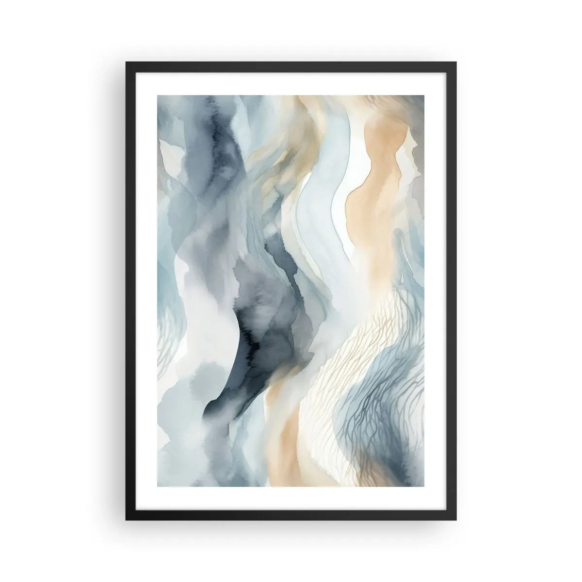 Affiche dans un cadre noir - Poster - Vagues abstraites dans les tons beige et bleu marine - 50x70cm - Abstraction enneigée et brumeuse - Décoration murale moderne pour le salon et la chambre ARTTOR