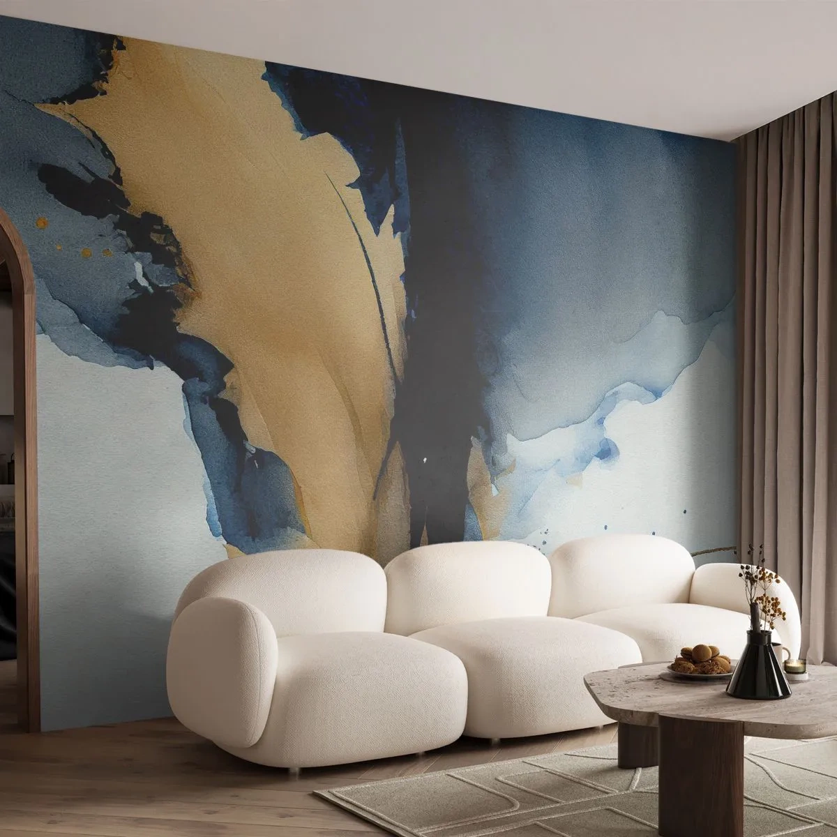 Papier Peint Photo Premium Canvas - Une composition abstraite dans les tons bleu marine et or - 100x70cm - Derrière le rideau - Décoration murale moderne pour le salon et la chambre ARTTOR