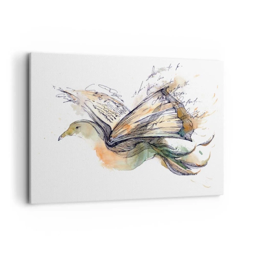 Impression sur toile - Image sur toile - Aquarelle artistique d'un oiseau avec un livre comme ailes - 120x80cm - Sur les ailes de la poésie - Décoration murale moderne pour le salon et la chambre ARTTOR
