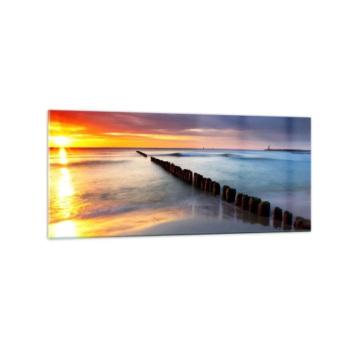 Impression sur verre - Image sur verre - Coucher de soleil sur la mer avec un brise-lames au premier plan - 120x50cm - Ecoute le silence - Décoration murale moderne pour le salon et la chambre ARTTOR