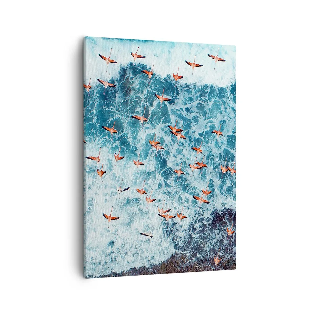 Impression sur toile - Image sur toile - Vue aérienne de flamants roses sur un océan bleu - 50x70cm - Défilé du bord de mer - Décoration murale moderne pour le salon et la chambre ARTTOR