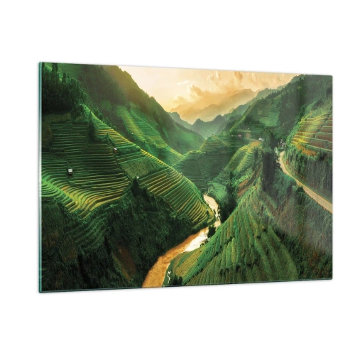 Impression sur verre - Image sur verre - Rizières pittoresques dans la vallée au coucher du soleil - 120x80cm - Vallée vietnamienne - Décoration murale moderne pour le salon et la chambre ARTTOR