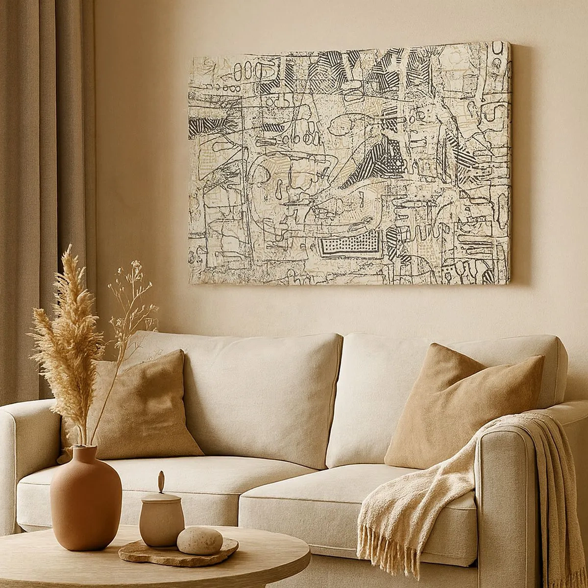 Impression sur toile - Image sur toile - Motifs abstraits et lignes sur fond beige - 70x50cm - Il attend d'être décodé - Décoration murale moderne pour le salon et la chambre ARTTOR