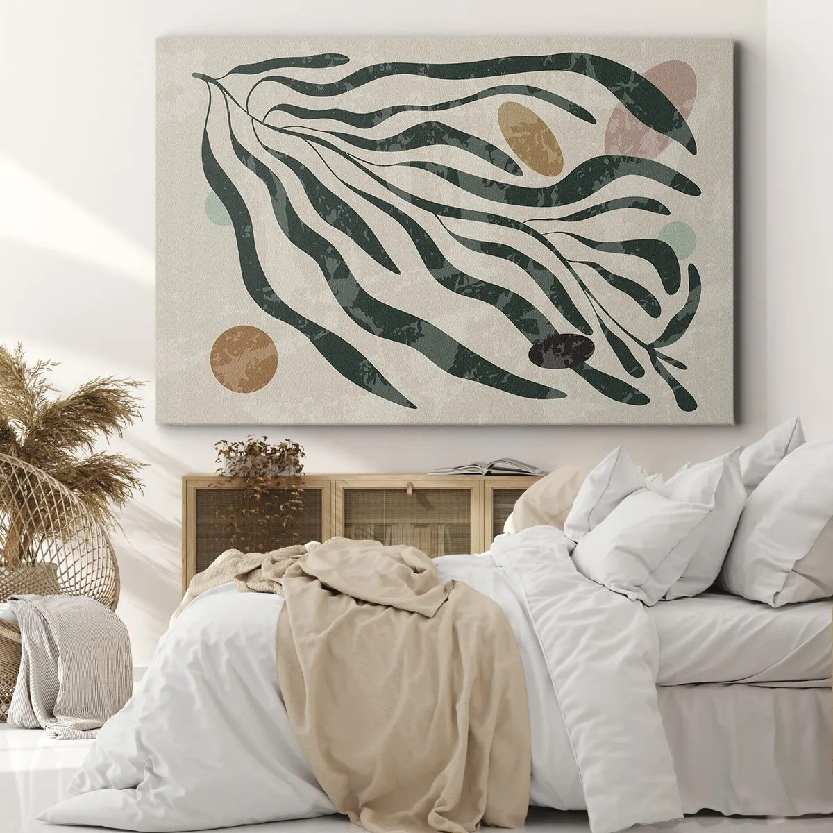 Impression sur toile - Image sur toile - Lignes et formes organiques en vert et beige - 70x50cm - Parmi la verdure - Décoration murale moderne pour le salon et la chambre ARTTOR