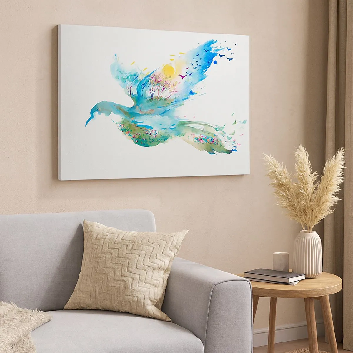 Impression sur toile - Image sur toile - Composition à l'aquarelle d'un oiseau avec des éléments de la nature - 70x50cm - Sur les ailes de la nature - Décoration murale moderne pour le salon et la chambre ARTTOR