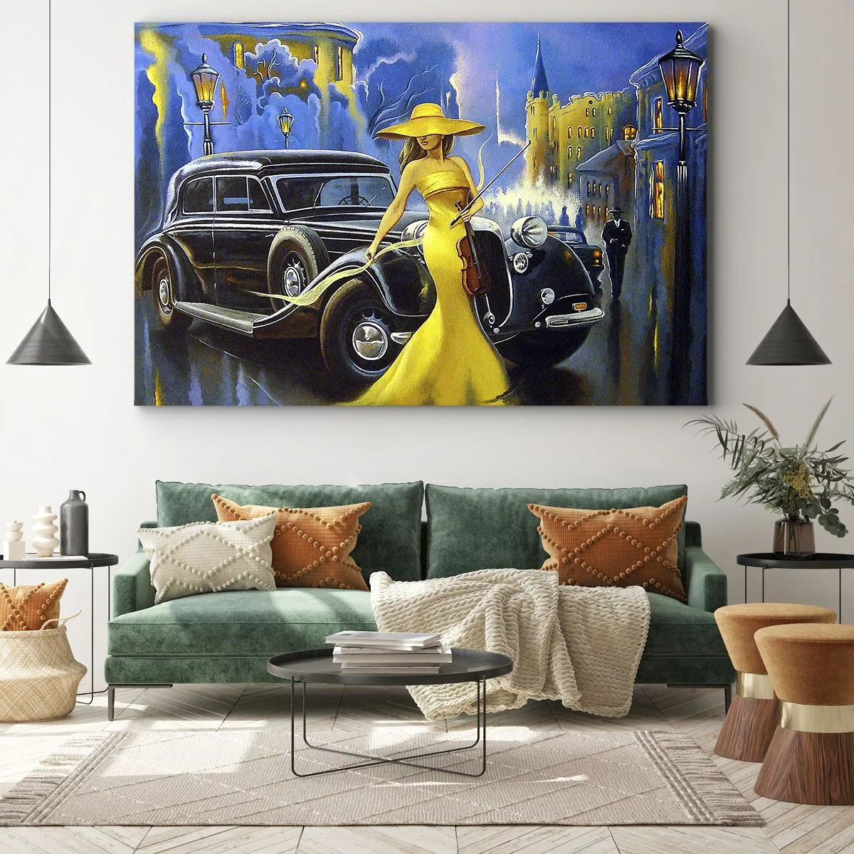 Impression sur toile - Image sur toile - Une femme en robe jaune avec un violon à côté d'une voiture rétro. - 100x70cm - Nocturne pour violon et amour - Décoration murale moderne pour le salon et la chambre ARTTOR