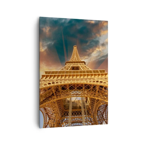 Impression sur toile - Image sur toile - La Tour Eiffel vue d'en bas sur fond de soleil couchant - 70x100cm - Comment l'humanité a atteint le ciel - Décoration murale moderne pour le salon et la chambre ARTTOR