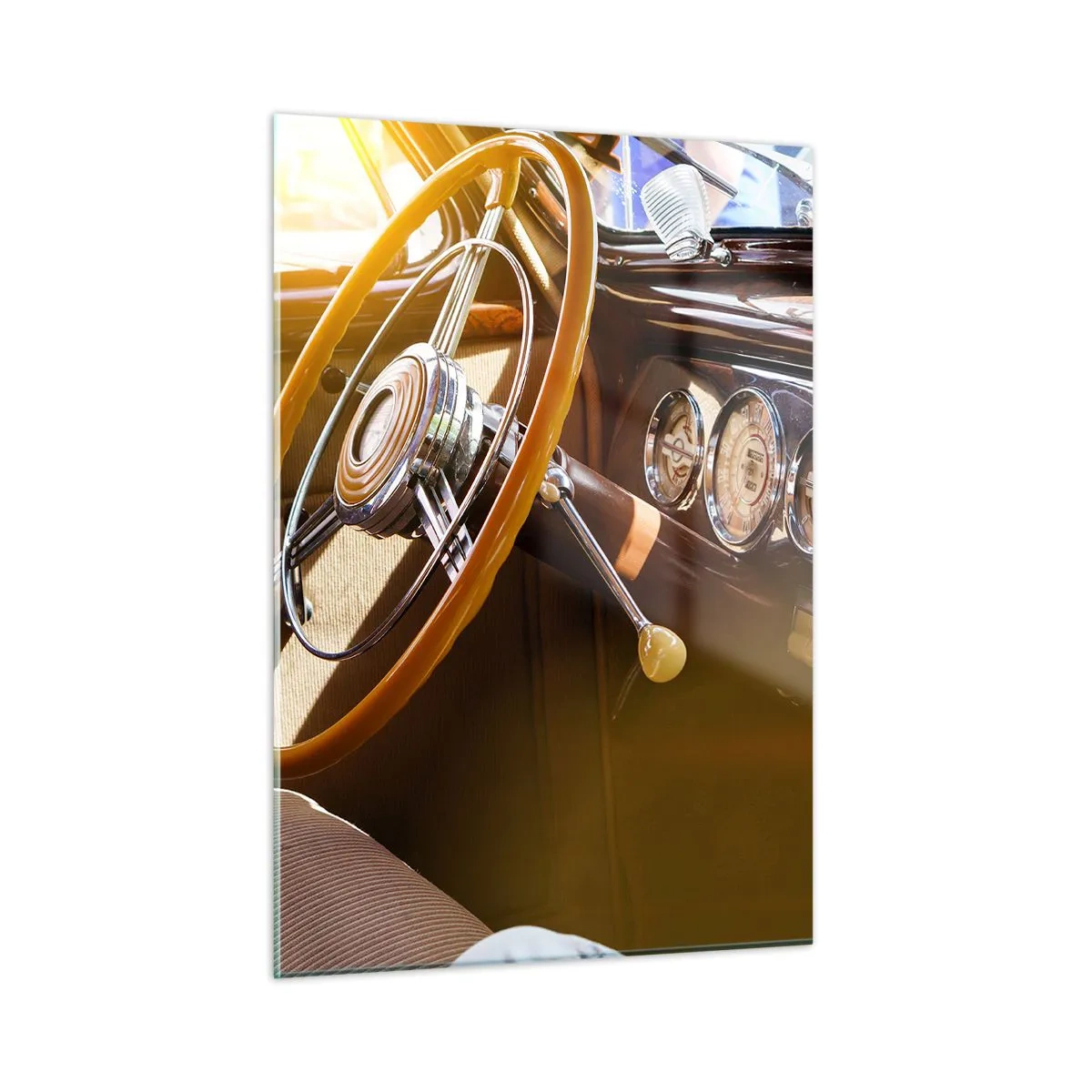 Impression sur verre - Image sur verre - Intérieur d'une voiture ancienne avec un volant en bois - 50x70cm - Souffle de luxe venu du passé - Décoration murale moderne pour le salon et la chambre ARTTOR