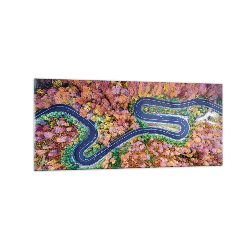 Impression sur verre - Image sur verre - Une route sinueuse dans une forêt d'automne vue à vol d'oiseau - 120x50cm - Route sinueuse à travers la forêt - Décoration murale moderne pour le salon et la chambre ARTTOR