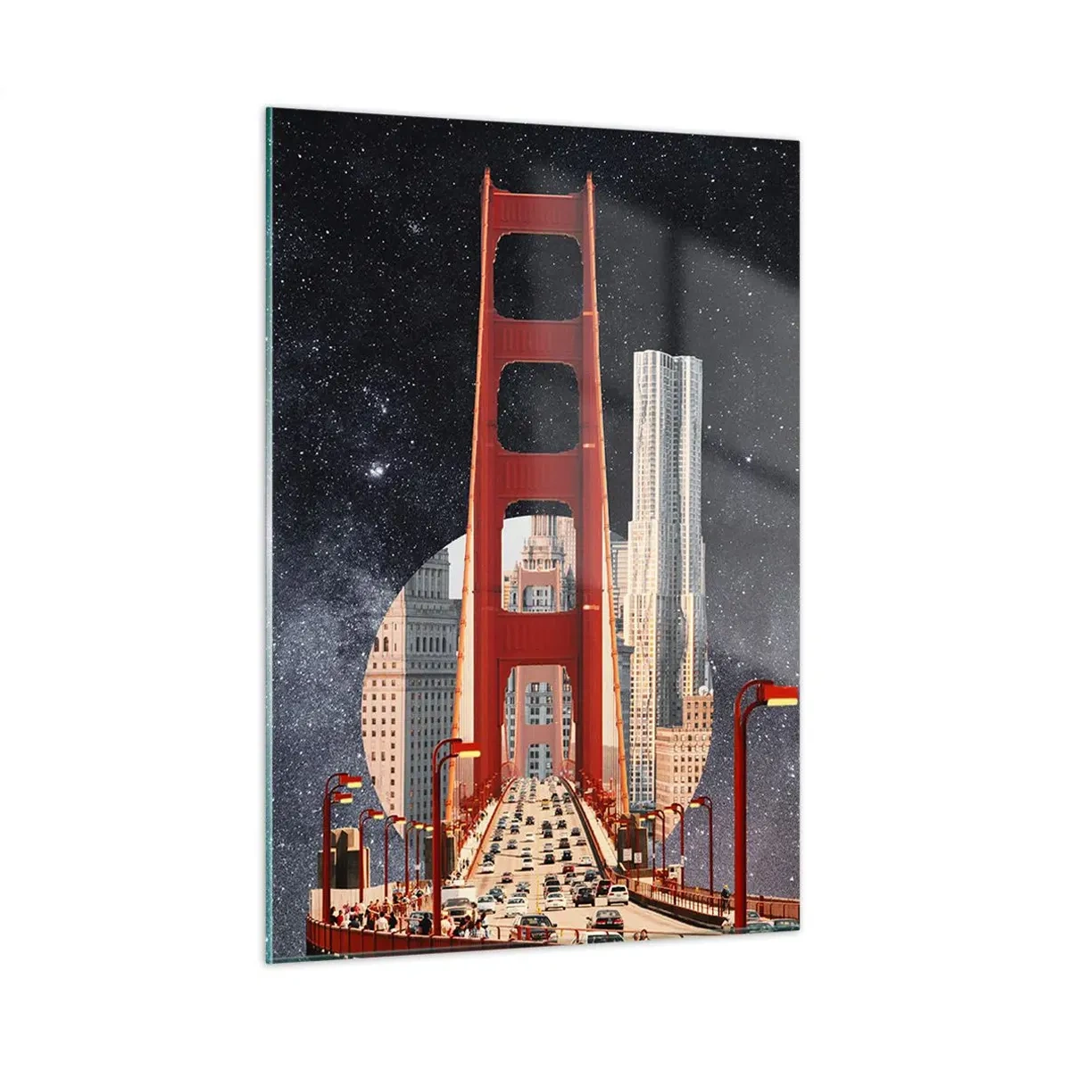 Impression sur verre - Image sur verre - Pont et gratte-ciels sur un fond de galaxie surréaliste - 50x70cm - Toujours au centre - Décoration murale moderne pour le salon et la chambre ARTTOR