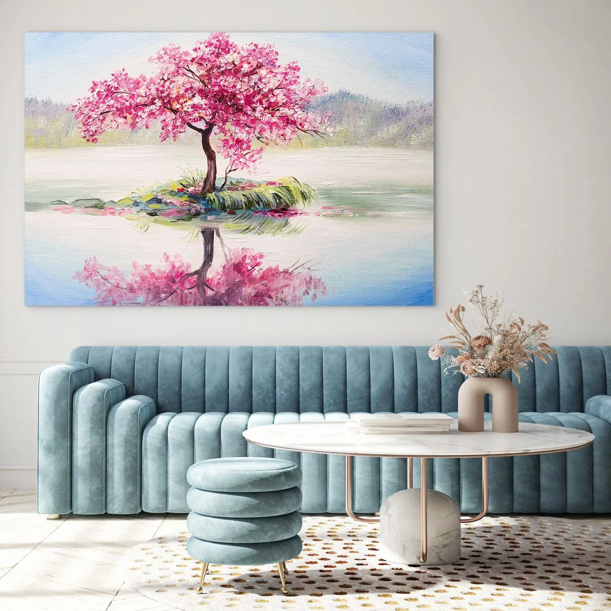 Impression sur verre - Image sur verre - Un arbre rose sur une île se reflétant dans l'eau calme - 120x80cm - Fête du Printemps - Décoration murale moderne pour le salon et la chambre ARTTOR