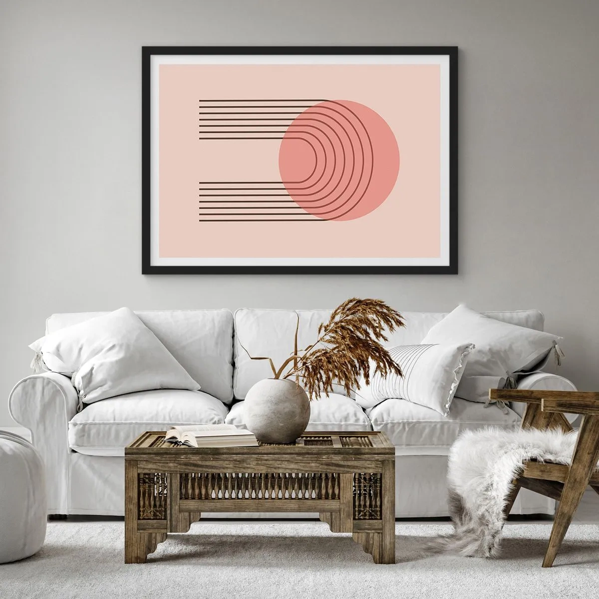 Affiche dans un cadre noir - Poster - Motif abstrait avec cercle et lignes roses - 70x50cm - Attraction irrésistible - Décoration murale moderne pour le salon et la chambre ARTTOR